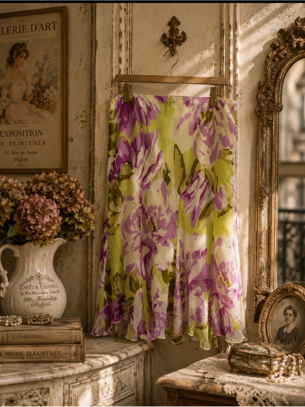 Bob Mackie Green and Purple silk ruffle A-Line Skirt size 10